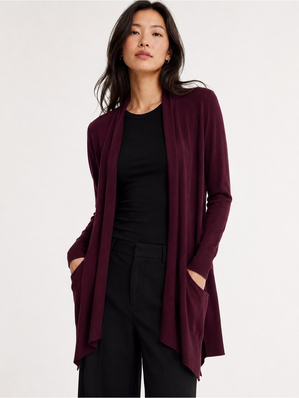 Wilfred Silk Cashmere Long Open Cardigan Plum Burgundy Small